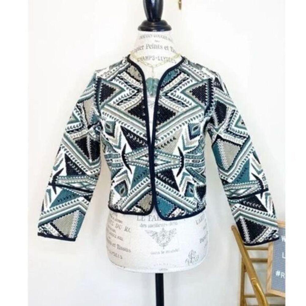 TOPSHOP Green Geometric Print Blazer Jacket US 4